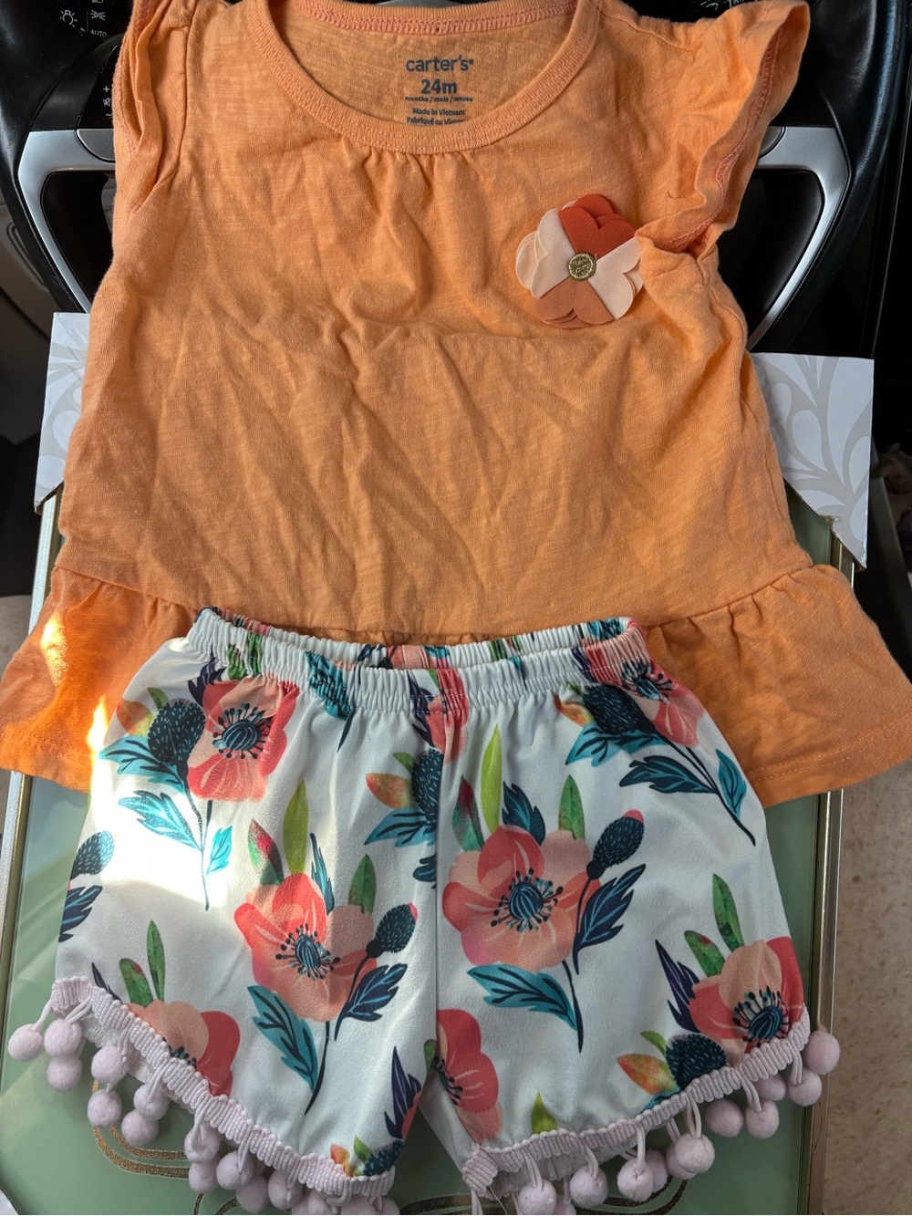 Carter's Orange Peplum Top with Floral Pom-Pom Shorts